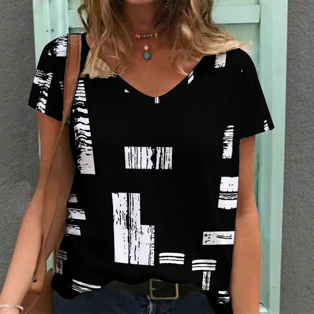 Women Print V Neck Short Sleeve Casual Loose Tunic Tops