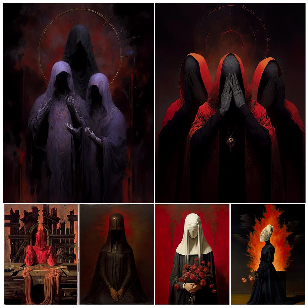 

Темные сестры и верующие, настенная живопись в стиле ретро, ​​картина маслом, слуга дьявола, художественный постер