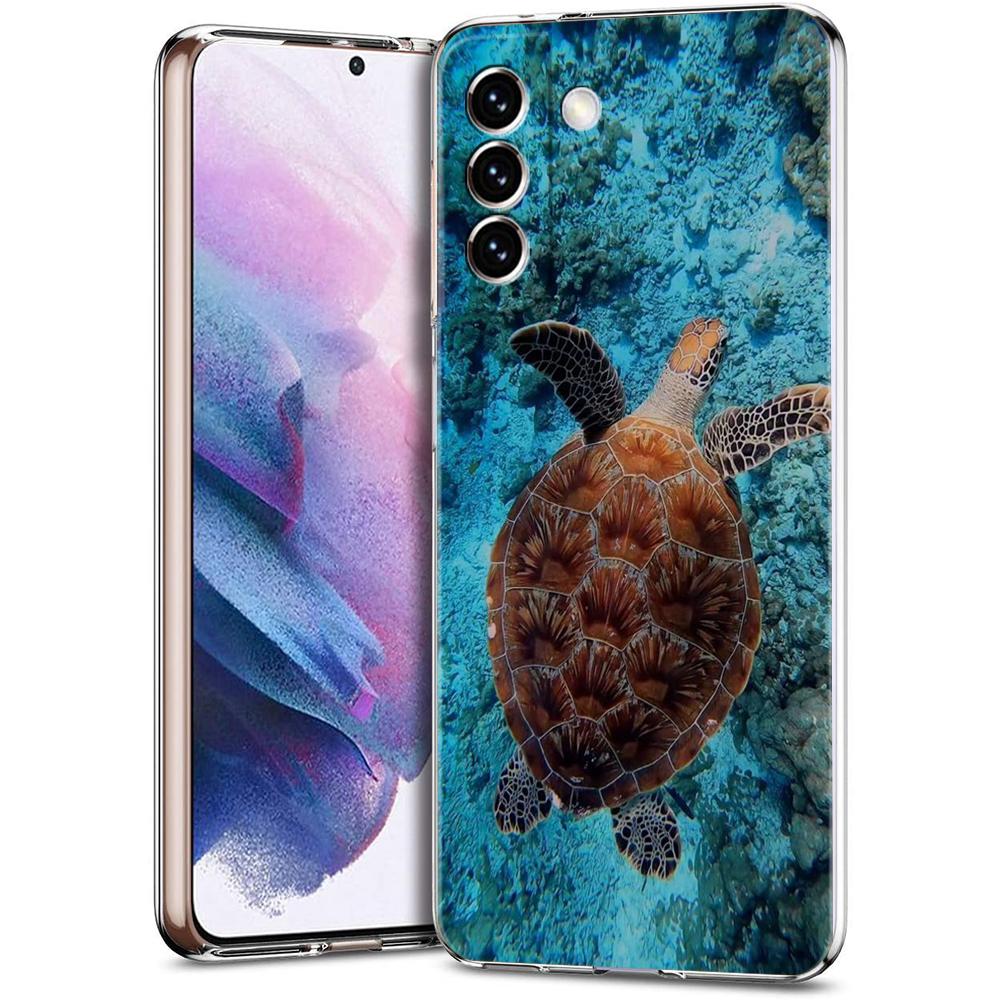 Phone Case For Samsung S24 Ultra S23 FE S22 S20 S21 5G S10 S9 Plus S10E S8 Soft Clear lovely Cartoon sea turtle ocean blue Cover
