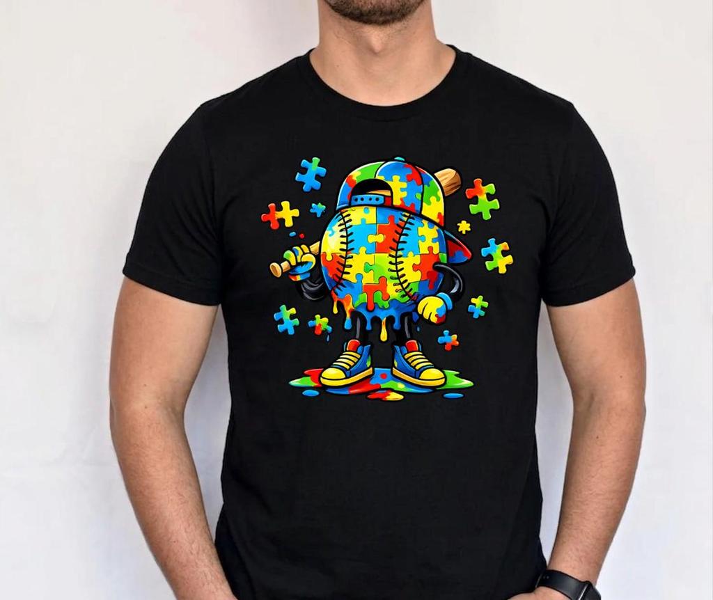 Autism Baseball Drip Shirt, Puzzle Piece Awareness Tee, Neurodiversity Support, Colorful Sports