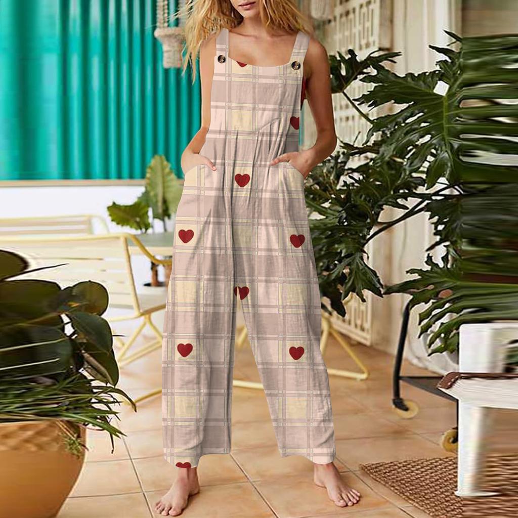 Women's Valentine's Day Printed Casual Loose Retro Cotton Linen Overalls With Pockets