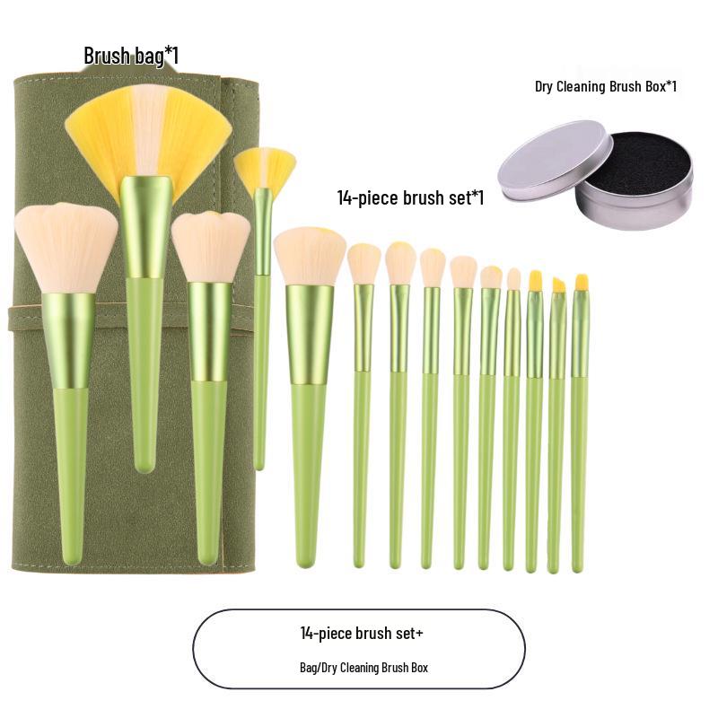 High-Grade Little Daisy 14-Piece Makeup Brush Set: Soft Bristle Powder and Fan-Shaped Highlighter Brushes for Beauty Application.