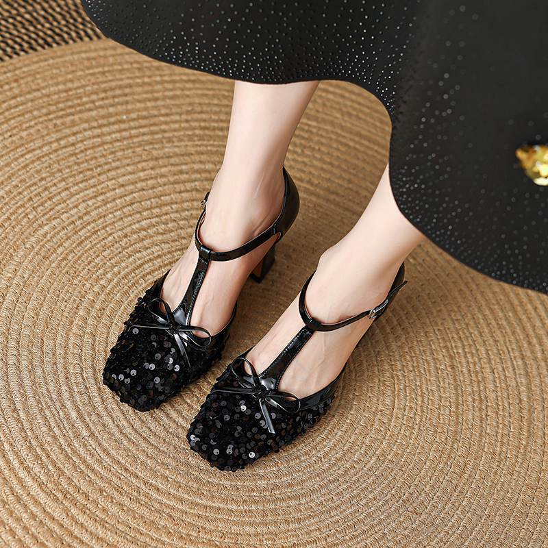 Krazing Pot Paillettenstoff Quadratische Zehenpartie Größe 41 High Heels Bling Glänzend Party Hochzeitsschuhe Herbst Schleife Pumps