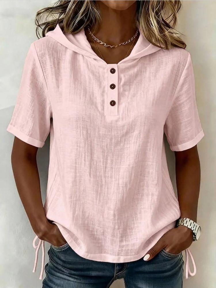 

Women Loose Solid Color Hooded Collar Short Sleeve Front Button Pullover S розовый