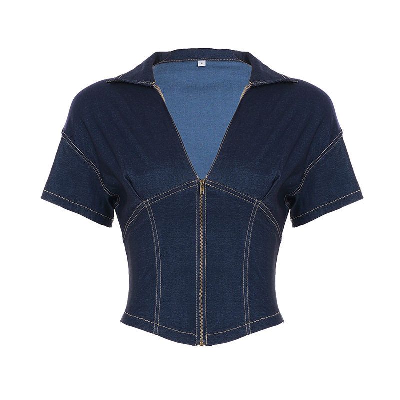 

Street Style Influencer Faux Denim Shirt with Deep V-Neck, Sexy and Elegant Waist-Cinching Short-Sleeve Top, European and American Women s Fashion Blue S