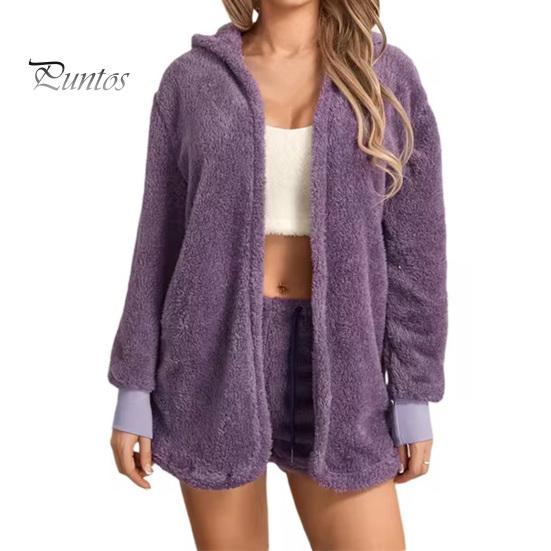 

Комплект из 2 предметов: пальто, шорты, комплект из толстой плюшевой домашней одежды, с капюшоном, длинными рукавами, открытая строчка, теплая куртка, шорты на эластичной резинке на талии XXL фиолетовый