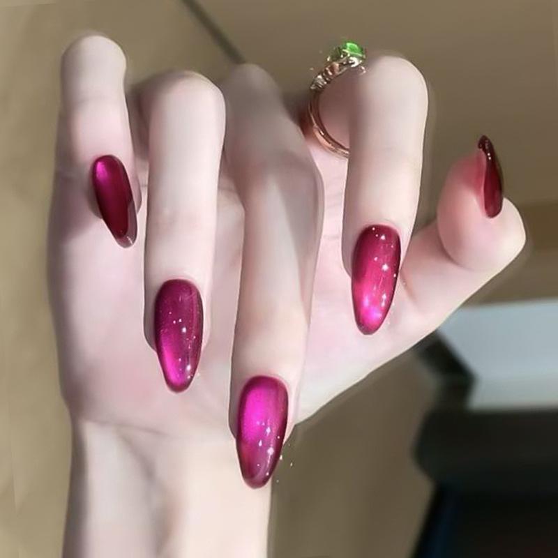 Bright Raspberry Simple Sweet Cat Eye Temperament White Fashion European and American Ins Style Removable Nail Art 30 Pieces