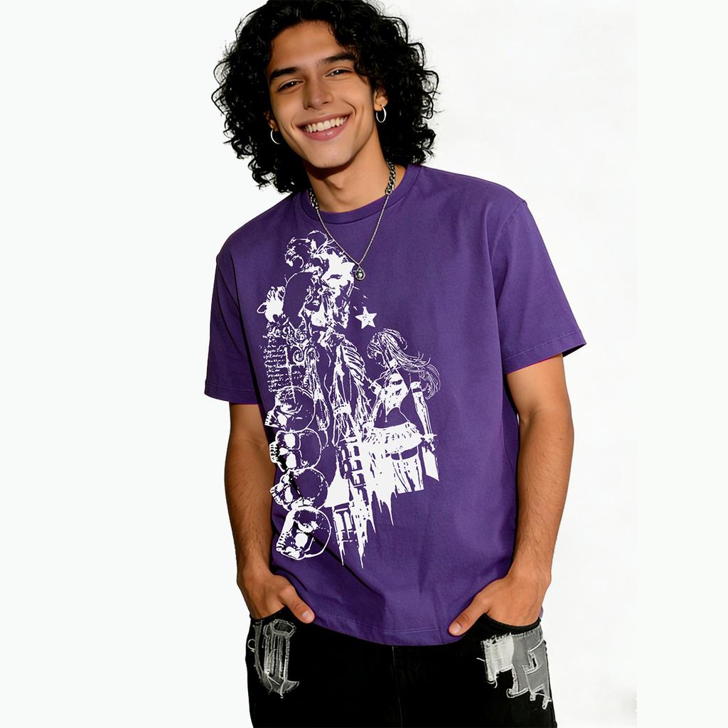Dark-themed Skeleton Anime Print T-Shirt for Men | American High-Street StyleLoose-Fit Short-Sleeve Trendy Post-Apocalyptic Style Short-Sleeve T-Shirt