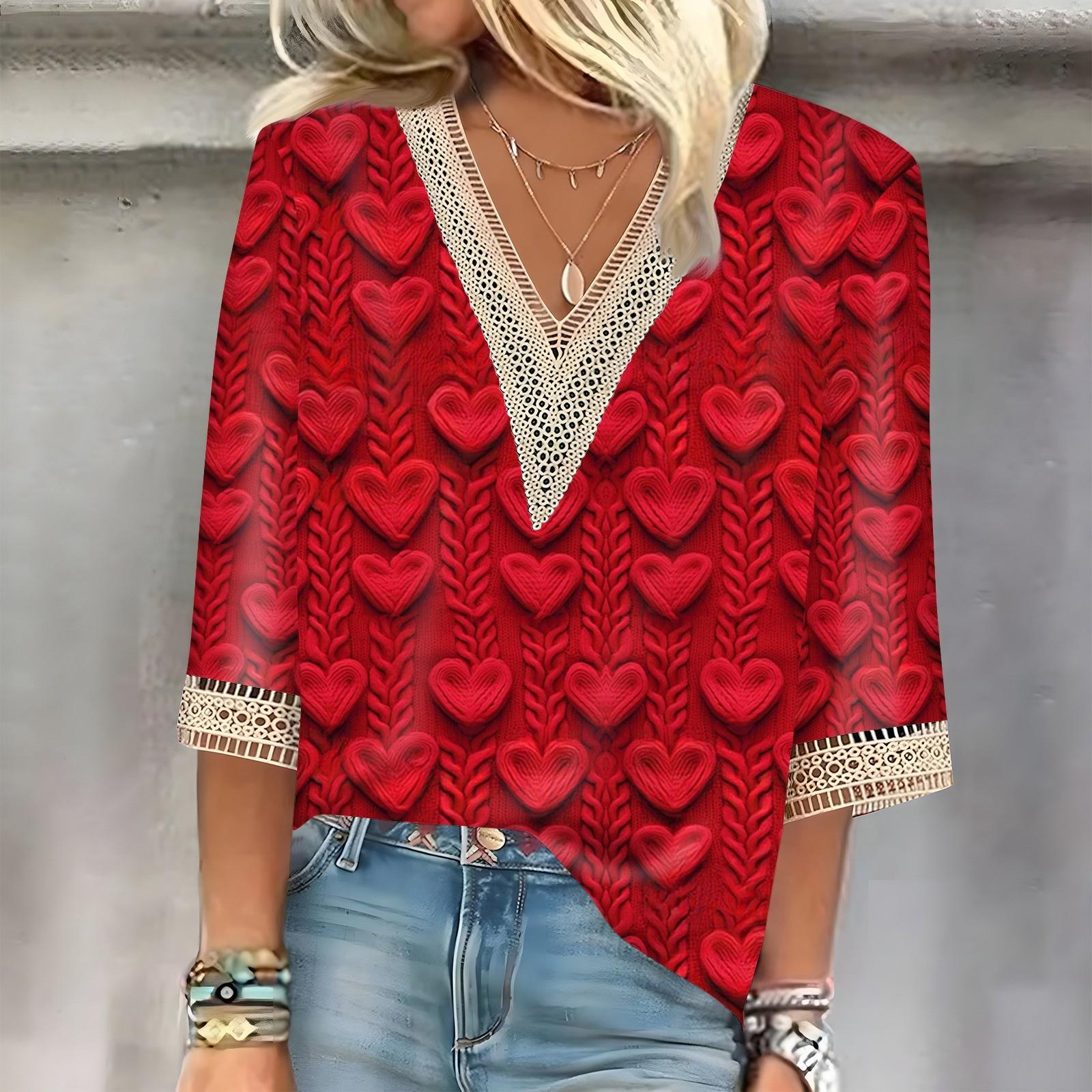 

Жіноча мереживна валентинка з рукавом три чверті з 3D-принтом XXXL винний