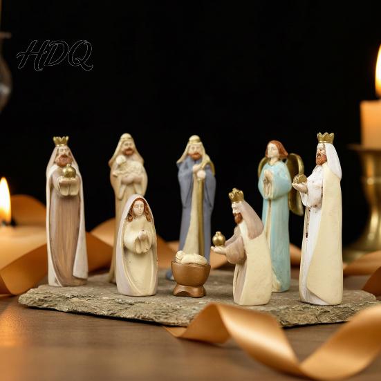 Christmas Manger Set 8 Pcs Resin Nativity Figurines Set Christian Scene Figures Painted Statues Religious Tabletop Miniature for Holiday Indoor