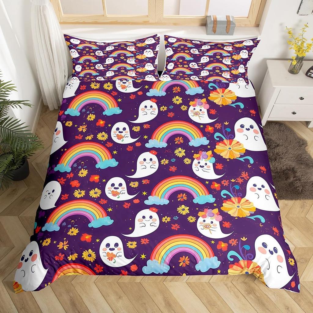 Cartoon Ghost Duvet Cover Twin Queen Happy Halloween Bedding Set Orange Pumpkin Flowers Rustic Comforter Cover with 2 Pillowcase
