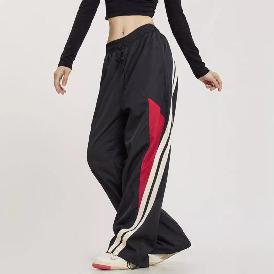 Damenhose, elastisch, hohe Taille, verstellbarer Kordelzug, weites Bein, vertikale Streifennähte, Retro-Streetstyle-Sporthose