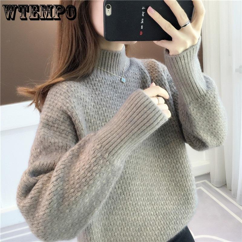 

Autumn/Winter Women s Pullover Sweater Loose and Versatile Knitted Bottom Shirt Half High Collar Solid Color S хакі