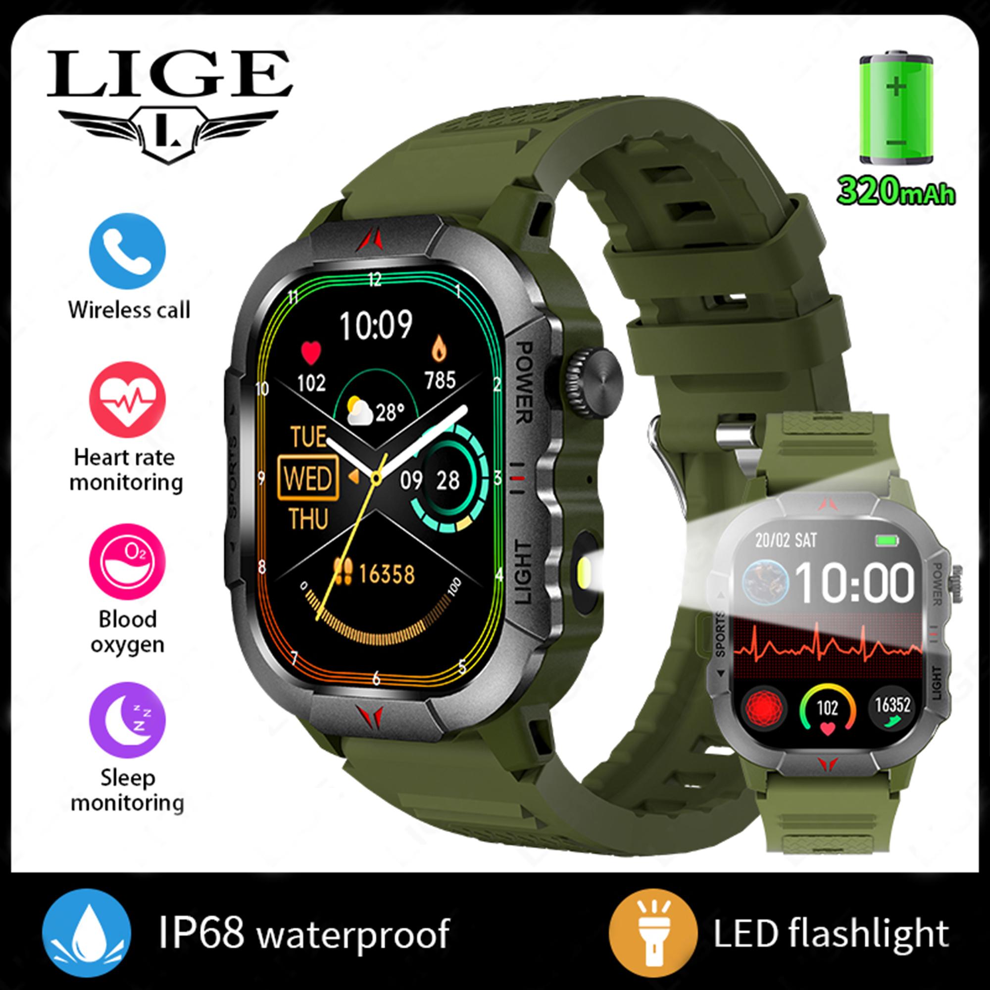 

Чоловічий розумний годинник LIGE зі світлодіодним ліхтариком 2,01-дюймовий екран HD Здоровий спорт на свіжому повітрі Водонепроникний чоловічий розумний годинник silicone strap зелений