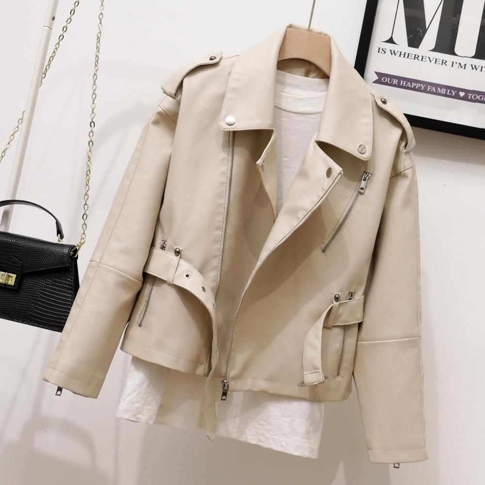 2024 autumn new Korean version shoulder badge thin leather jacket waist lapel short jacket loose knight leather jacket