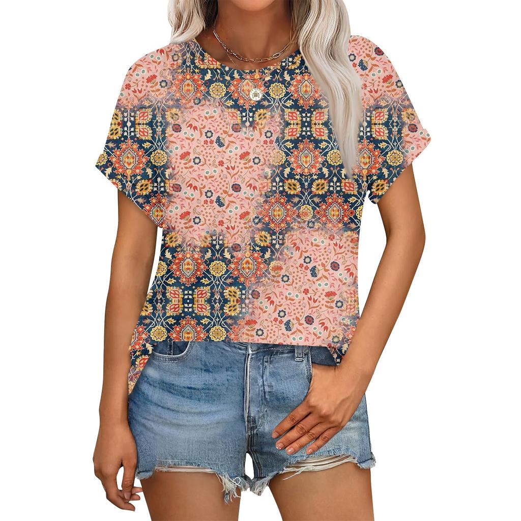 Women's Casual Fashion Round Neck Rolled Hem Short Sleeve Floral Top