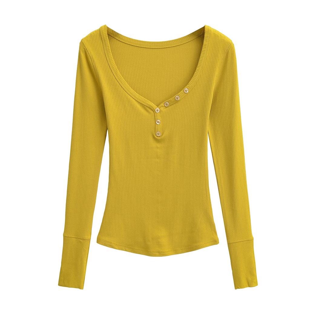 Spicy Girl Ribbed Peach V-neck Buttoned Slimming Long-sleeve T-shirt for Women - Spring 2025 Collection