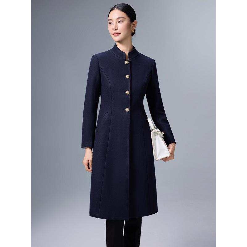 Women's Mid-Length Professional Stand-Collar Wool Coat - Winter Receptionist and Sales Workwear.