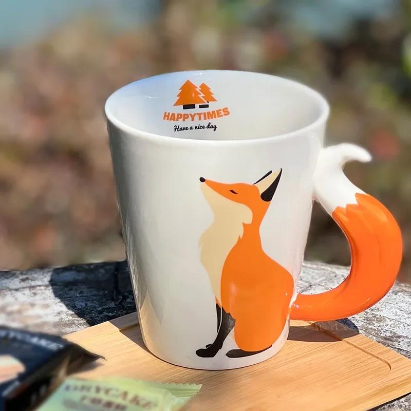 360ml Cartoon Animal Fox Pattern Ceramic Mugs with Handle Home Anti-scalding Breakfast Oat Milk Tea Coffee Cups Gifts Drinkware