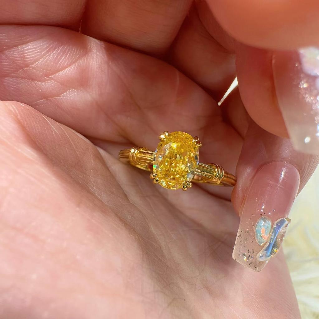 Fashion Knot Design Bright Ice Flower Cut Pigeon Egg Yellow Diamond Ring Ins Wind Exquisite High Sense Open Female Ring
