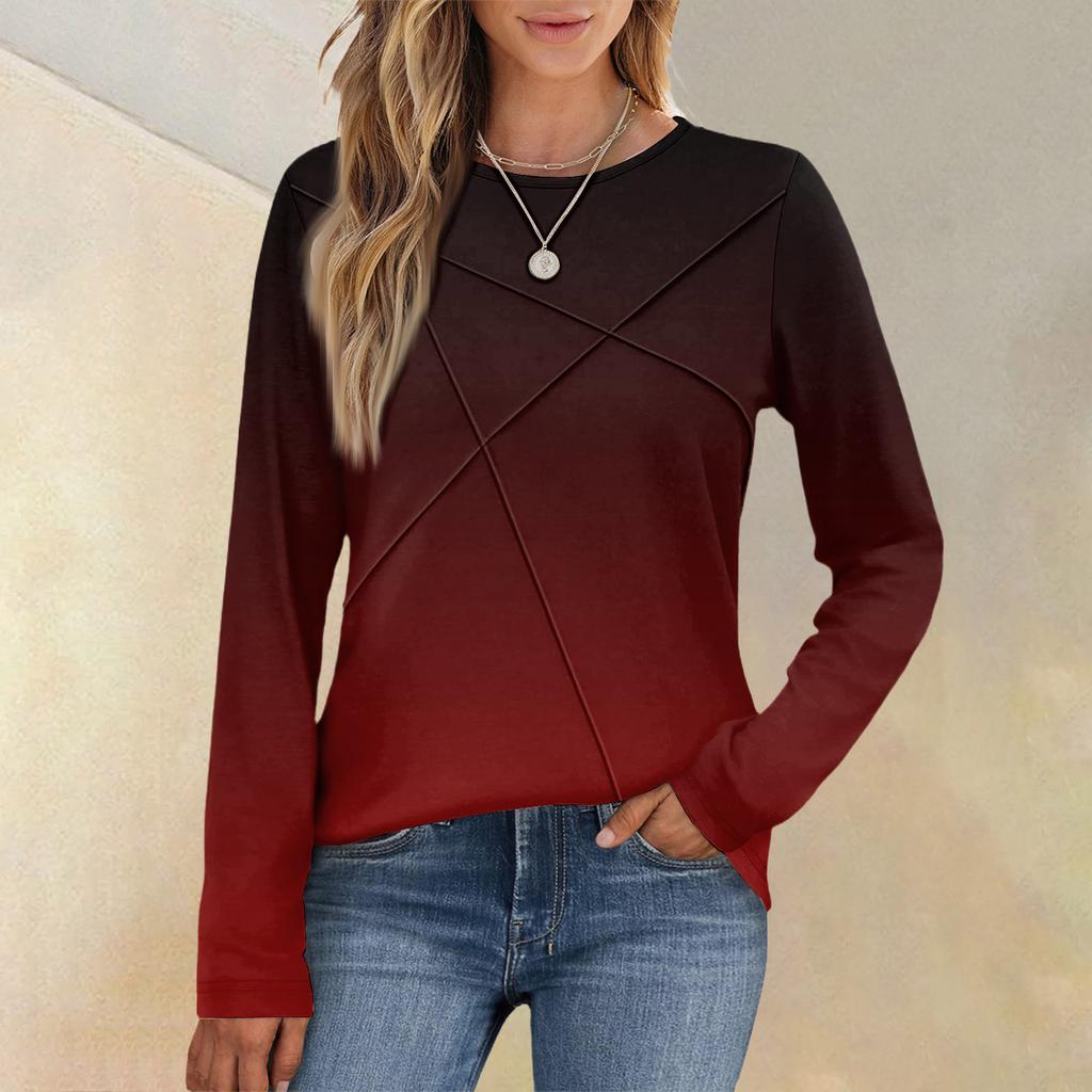 Fashionable Women's Long-sleeved Gradient Round Neck Casual Pleated Loose Top