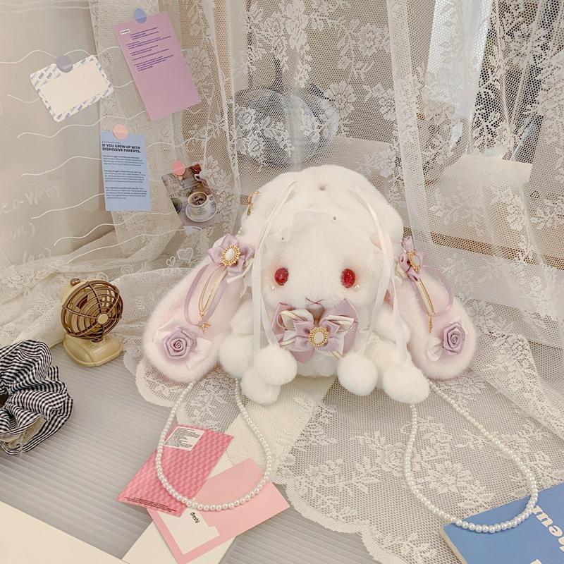 Lolita Plüsch Hasen Tasche mit Schleife, Perlenkette und Herz Design - Süße Girly Umhängetasche