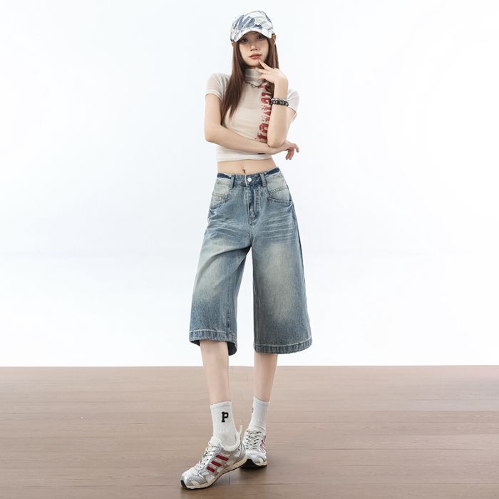 Fashion Summer Loose Straight Blue Denim Cropped Capri Pants Versatile Slimming Minimalist Daily Essential