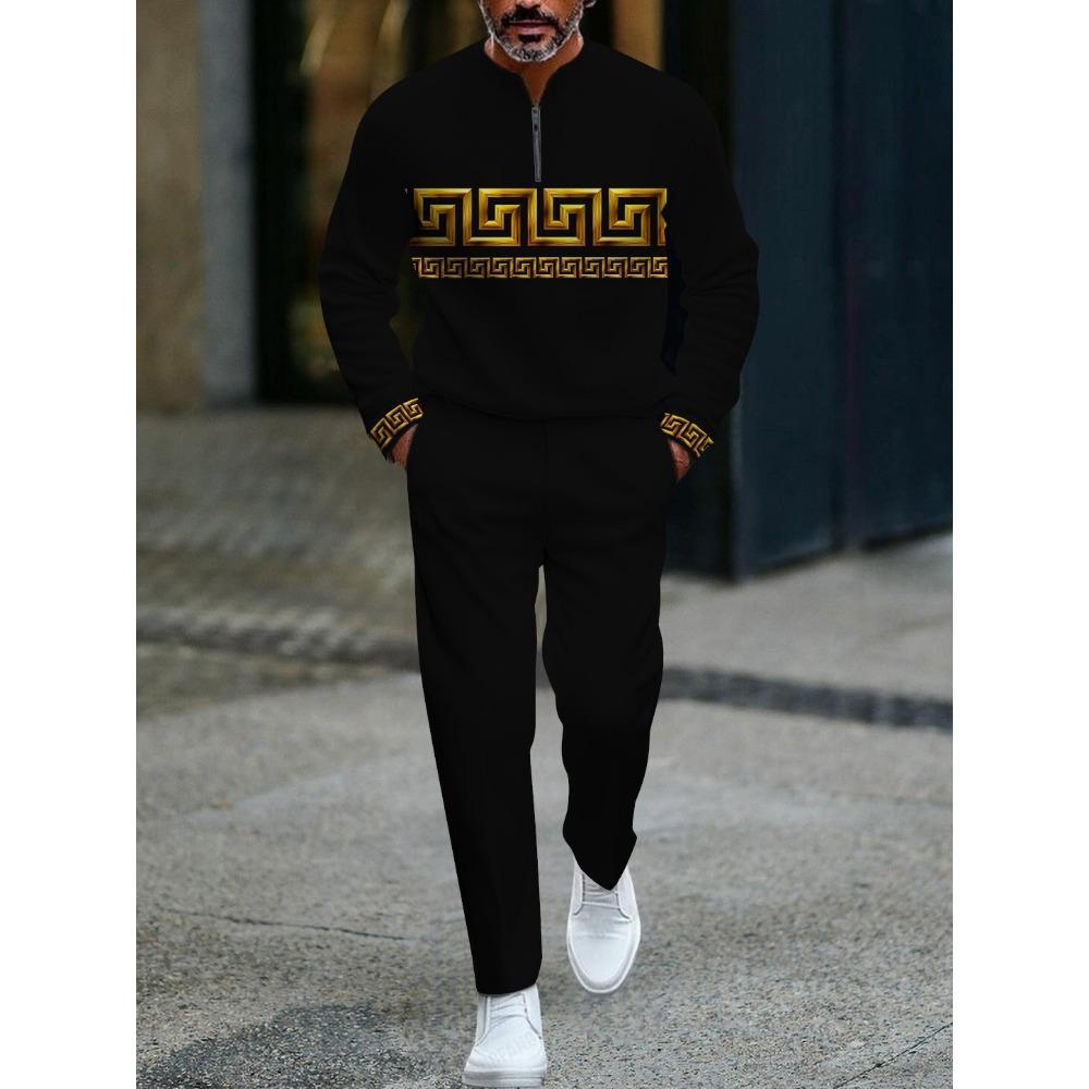 Spring Autumn 3D Printed Fashion Cool Men's Long-Sleeved Sets Half-Zipper Stand-Up Collar Men's Casual Sportswear Two-Piece set