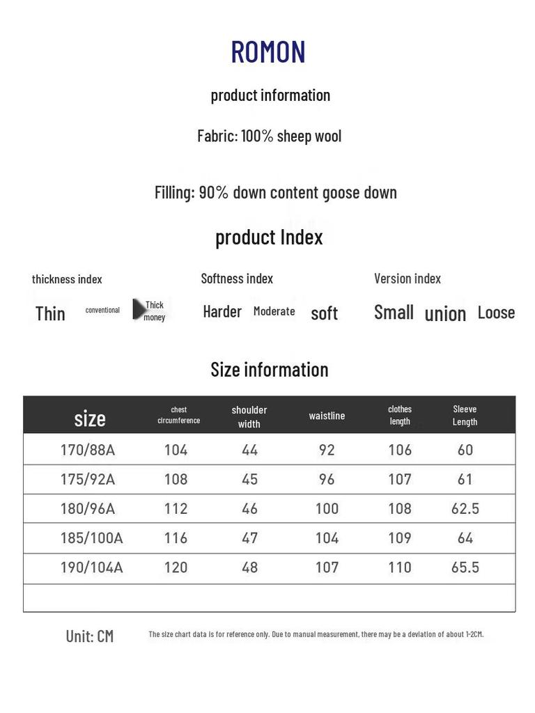 ROMON Men's 100% Wool Double-faced Overcoat with Goose Down Liner