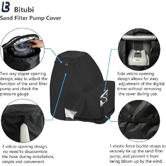 Bitubi Sand Filter Pump Cover,Waterproof Anti-UV Above Ground Pool Pump Cover,Suitable for Most Popular Brands Sand Filter on Market (Black)