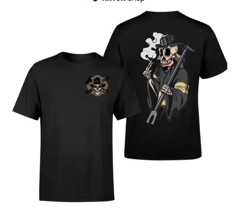 Grim Reaper Firefighter T-Shirt, Vintage Streetwear Skull Graphic Tee For Men S