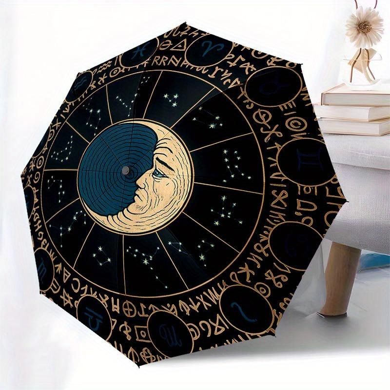 Zodiac Astrology Wheel Calendar with Moon Phase Design Umbrella, Cute Umbrella with Cute Design, Portable 3-Fold Compact Umbrella for Men & Women, Val