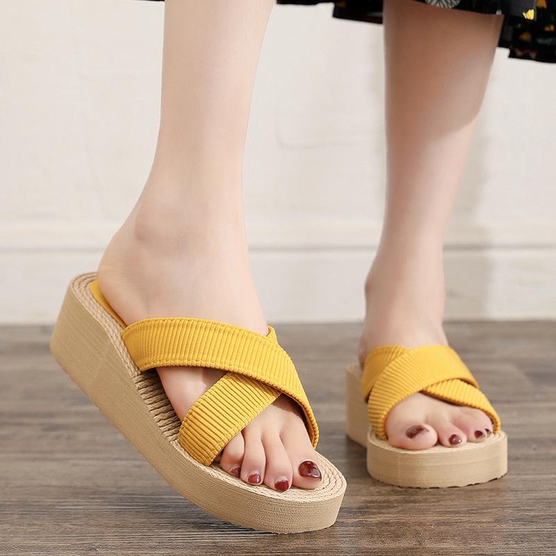 Women's Summer Wedge Sandals with Woven Hemp-Style Cross Straps and Thick Sole