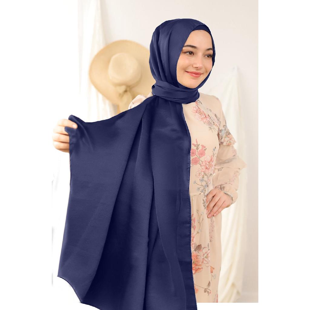 Navy Blue Evening Dress Janjan Shiny Satin Textured Hijab Evening