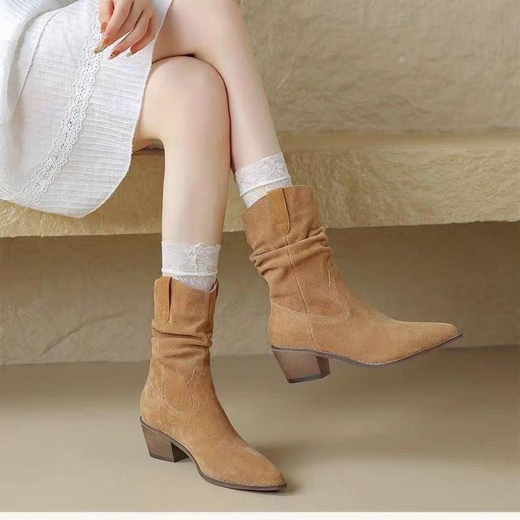 

Boots Women s Medium Knight Boots 2025 New Martin Shoes Women s Pointed Thick Heel High Heel Short Boots Skinny Pile Boots 35