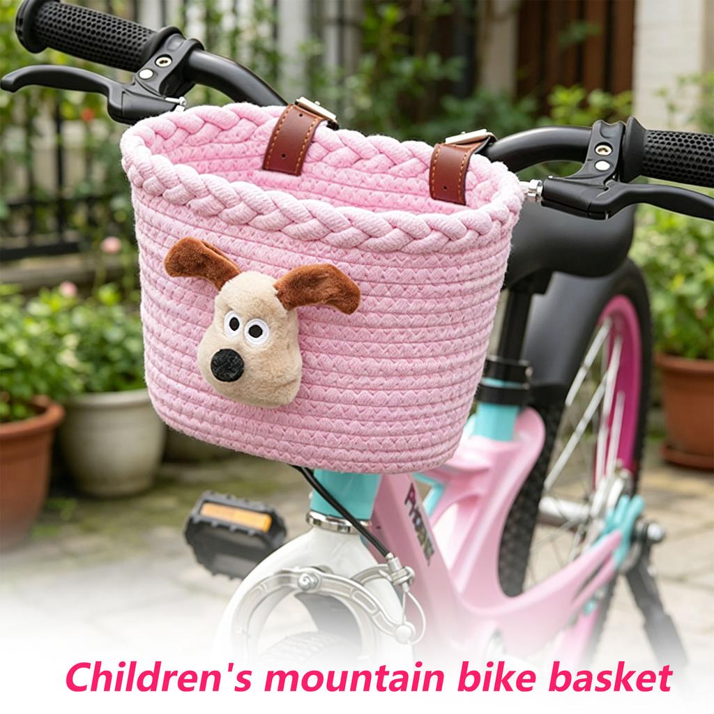 Cestino Anteriore per Bicicletta da Bambino in Corda Intrecciata Design Animale dei Cartoni Animati Cestino Portaoggetti per Manubrio per Bambini Bicicletta da Montagna e Monopattino