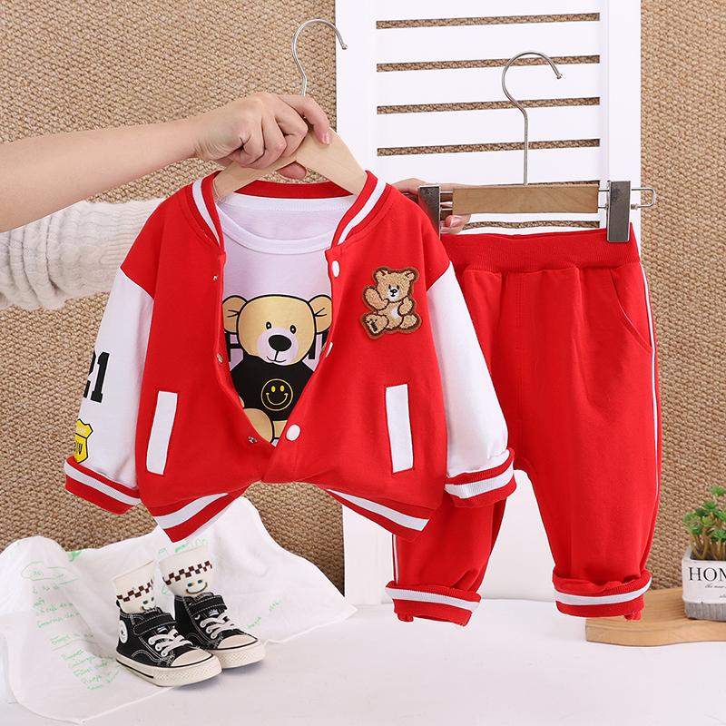 Boys' Long Sleeved 3-piece Set, Children's Teddy Bear Printed Jacket, Cute Clothes for Boys In Autumn and Winter