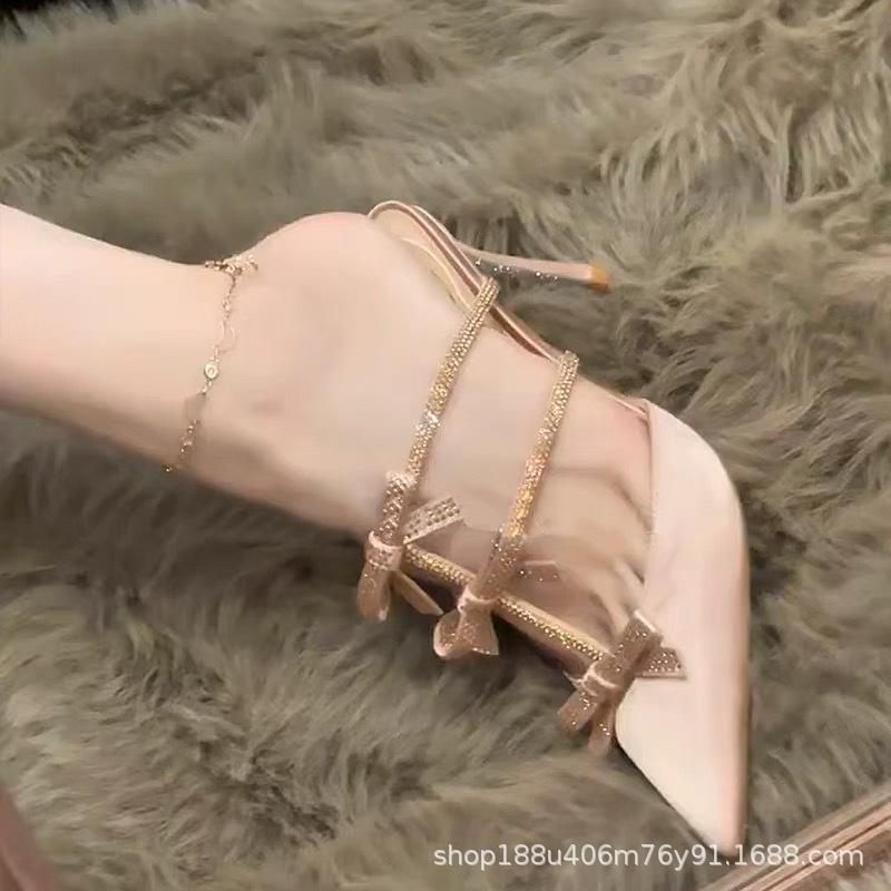 2025 summer rhinestone bow bag head thin heel sandals fairy wind half tray summer new sexy sweet shoes