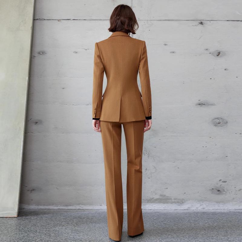 AD Gold Brown Wool Herringbone Suit: Autumn/Winter Formal Blazer & Wide-Leg Trousers