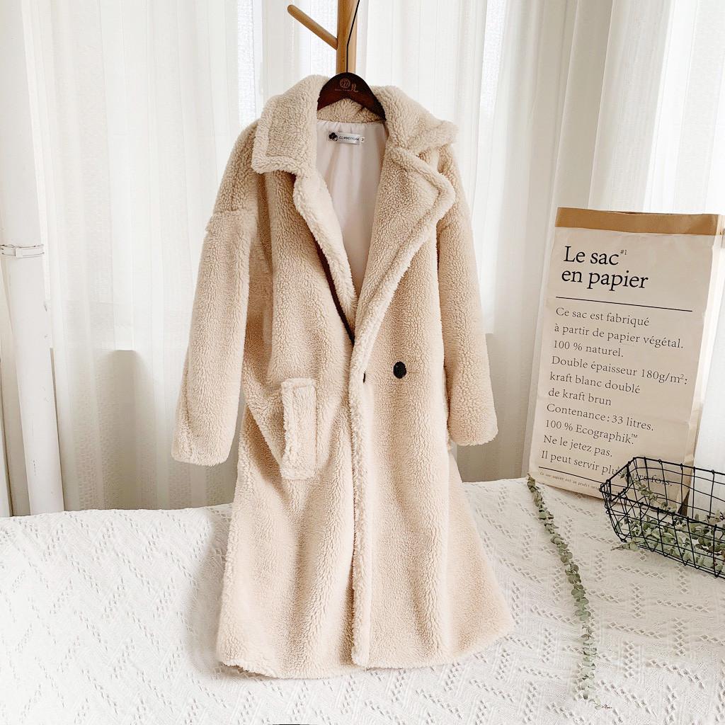 Women Fashion Autumn And Winter Loose Medium Long Windbreaker Lamb Coat