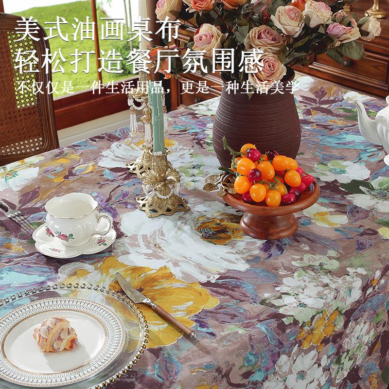 Country Retro Oil Painting Big Flower Cotton And Linen Tablecloth Pastoral Table Cloth Coffee Table Cover High-End Tablecloth
