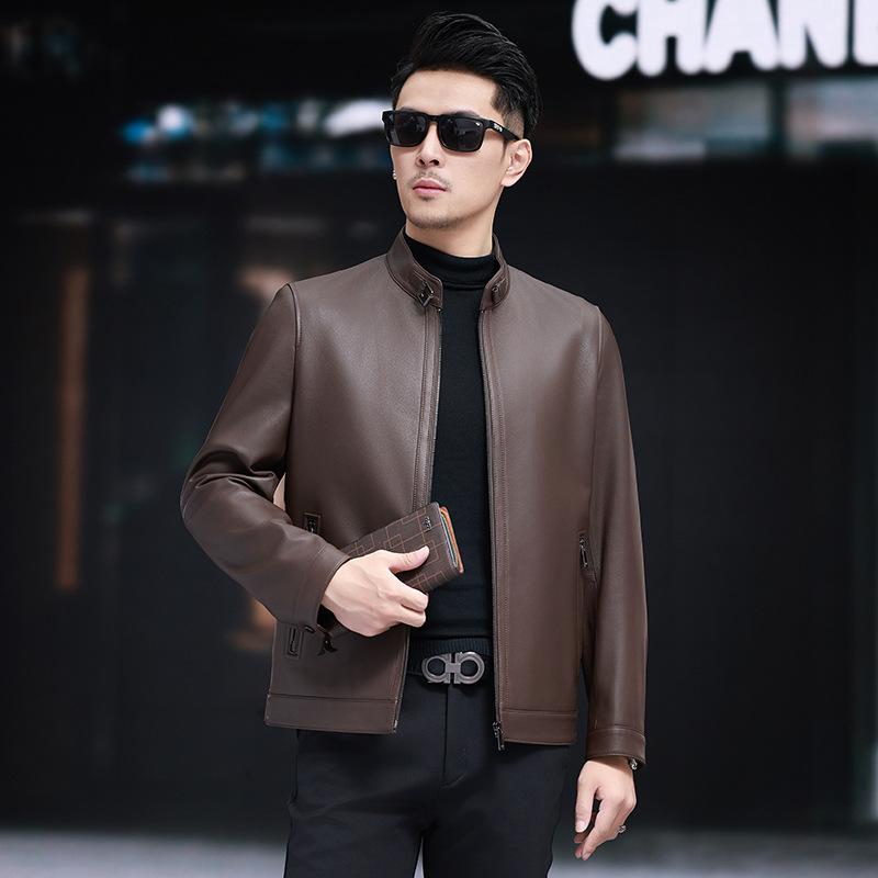 

Куртка из натуральной кожи, осень, новая, однотонная, воротник-стойка, молния, куртка из овчины, повседневная куртка для мужчин среднего возраста, весна и осень 5XL