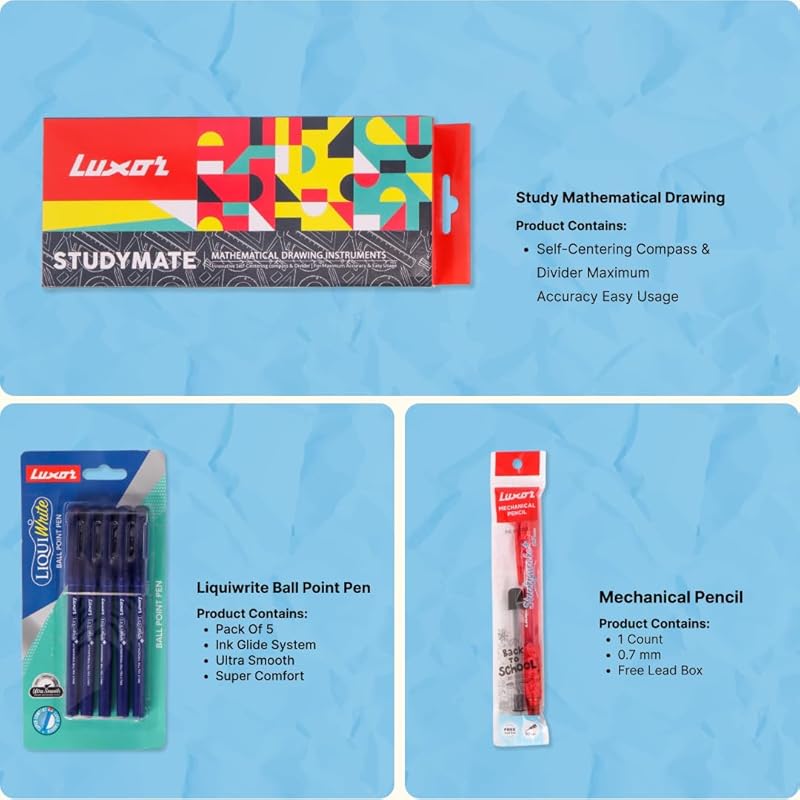 Luxor Back to School Kit - A Durable Geometry Box, Smooth Ball Pens, Mechanical Pencil, Sturdy Premium Notebook, Vibrant