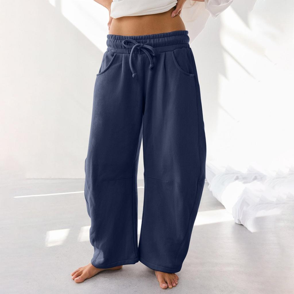 Women's Barrel Leg Sweatpant Drawstring Elastic Waisted Wide Leg Pants Casual Cotton Palazzo Trousers With Pockets