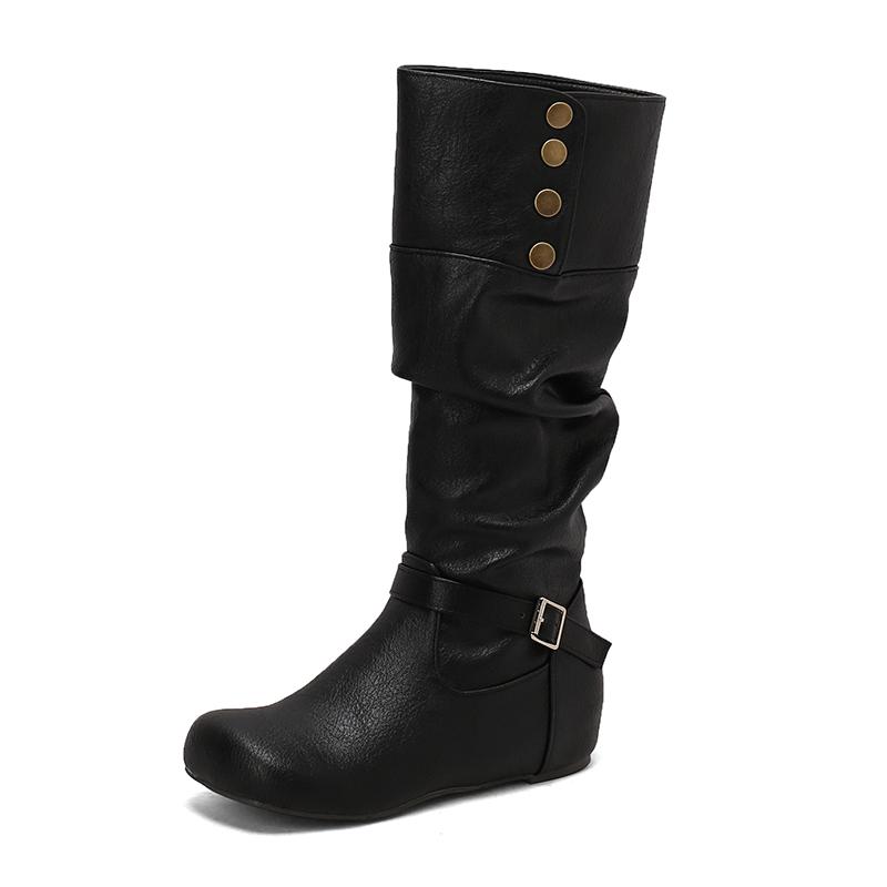 Women's flat-bottomed casual boots autumn and winter new inner height increase solid color large size medium boots