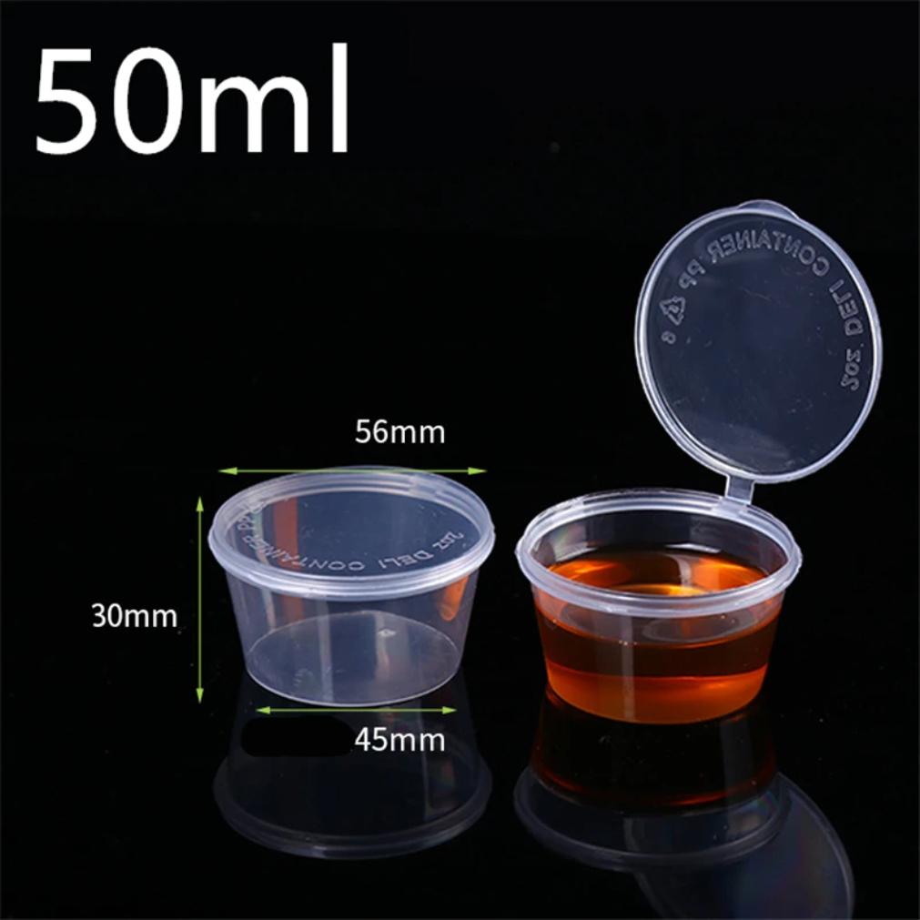 50pcs/Set 30ml 50ml 100ml Disposable Plastic Takeaway Sauce Cup Containers Food Box with Hinged Lids Pigment Paint Box Reusable