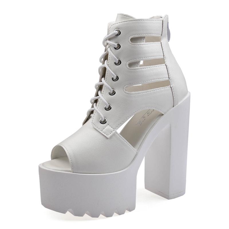 Women s 14cm Chunky Heel Lace-up Roman Sandals - Spring/Autumn Fish Mouth Design 36 белый