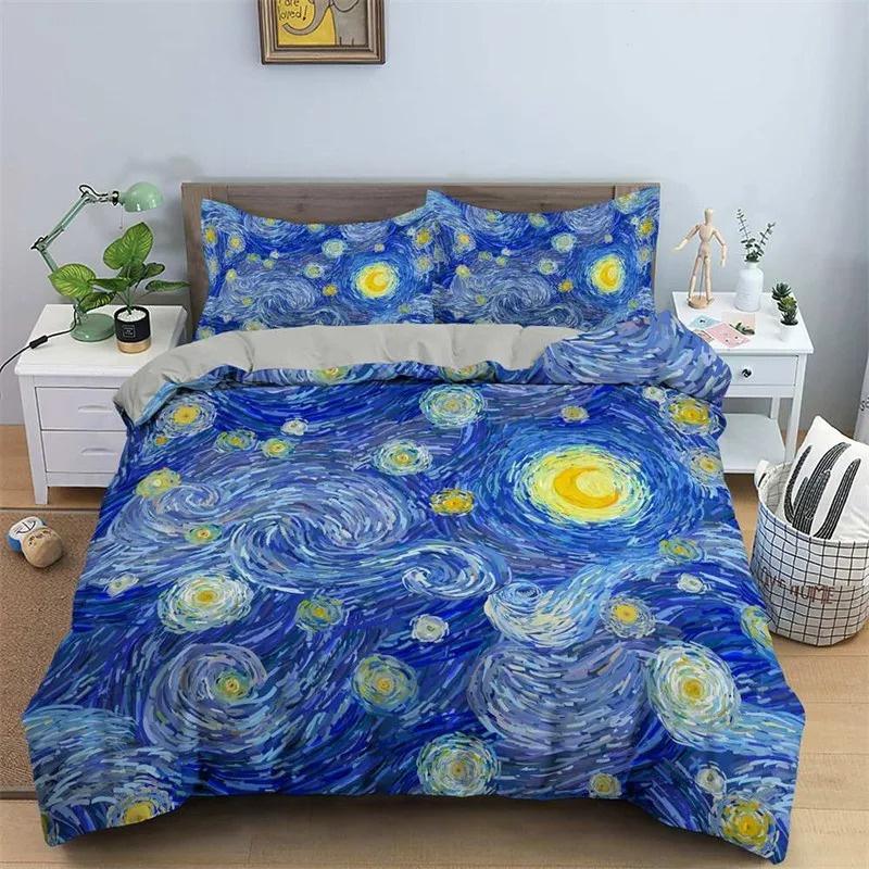Starry Night Van Gogh Duvet Cover Set Queen Size,Oil Painting Famous Modern Classic Sky Star Art,Decorative 3 Piece Bedding Set
