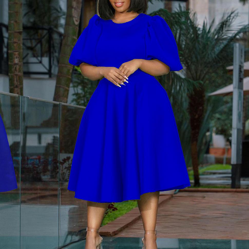 

Элегантное летнее платье А-силуэта в европейско-американском стиле с рукавами-фонариками и круглым вырезом XXXL королевский синий