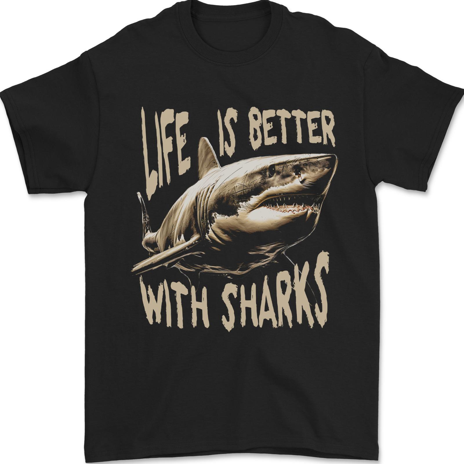 26 Life is Better With Sharks Mens T-Shirt 100% Cotton Unisex T-Shirt L